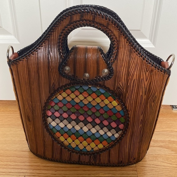 HANDMADE Western Leather Satchel Tote Purse Womens painted southwestern Artsy - Picture 2 of 16